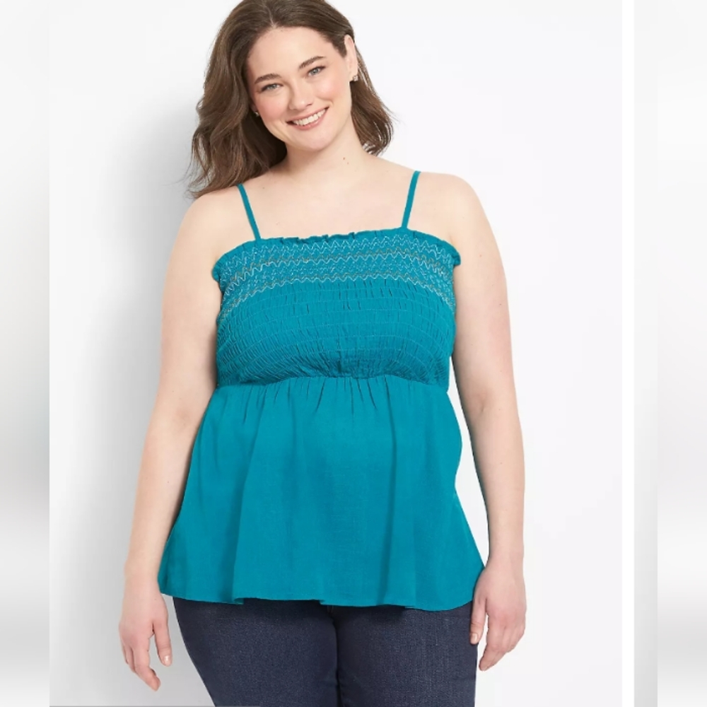 New! Classic Square-Neck Smocked Tank from Lane Bryant- Tahitian Tide Sz 16W NWT